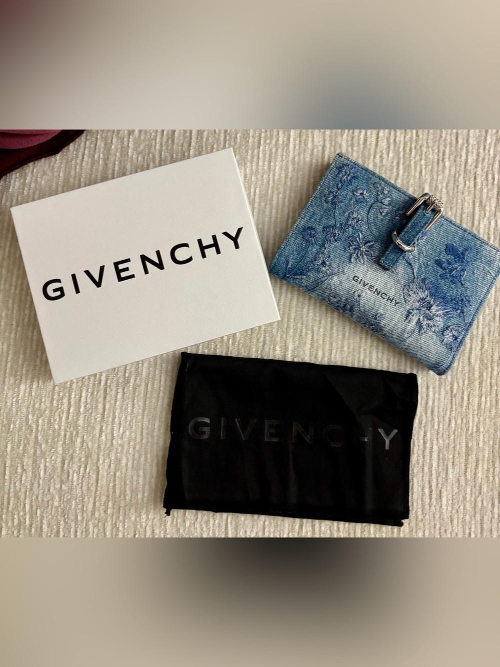 Givenchy Voyou Washed Embroidered Denim Wallet Blue Floral Leather $650
